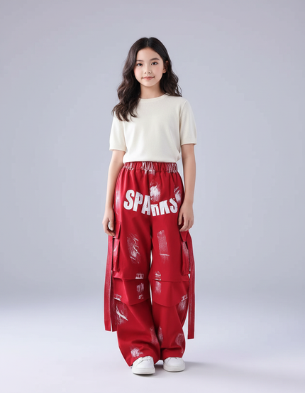 Pantalon Parachute Rouge Cargo Imprimé Ample Fille - Toile