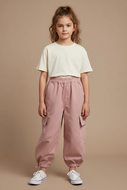 Pantalon Parachute Rose Cargo Ample Enfant Léger Coton