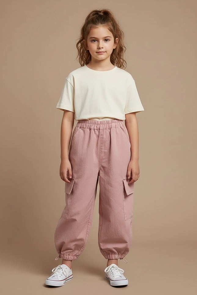 Pantalon Parachute Rose Cargo Ample Enfant Léger Coton