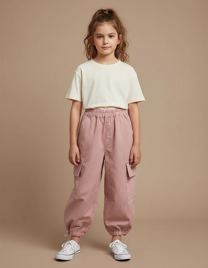 Pantalon Parachute Rose Cargo Ample Enfant Léger Coton