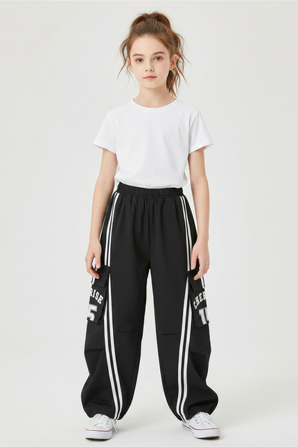 Pantalon Parachute Noir Cargo Rayures Blanches Ample Fille - Polyester