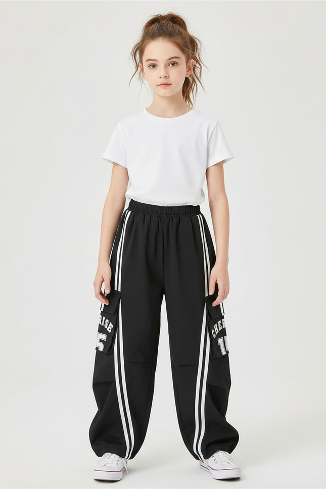 Pantalon Parachute Noir Cargo Rayures Blanches Ample Fille - Polyester