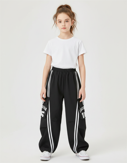 Pantalon Parachute Noir Cargo Rayures Blanches Ample Fille - Polyester