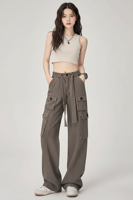Pantalon Parachute Cargo Ample Streetwear Femme - Kaki Toile