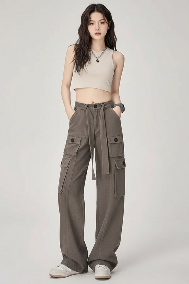 Pantalon Parachute Cargo Ample Streetwear Femme - Kaki Toile