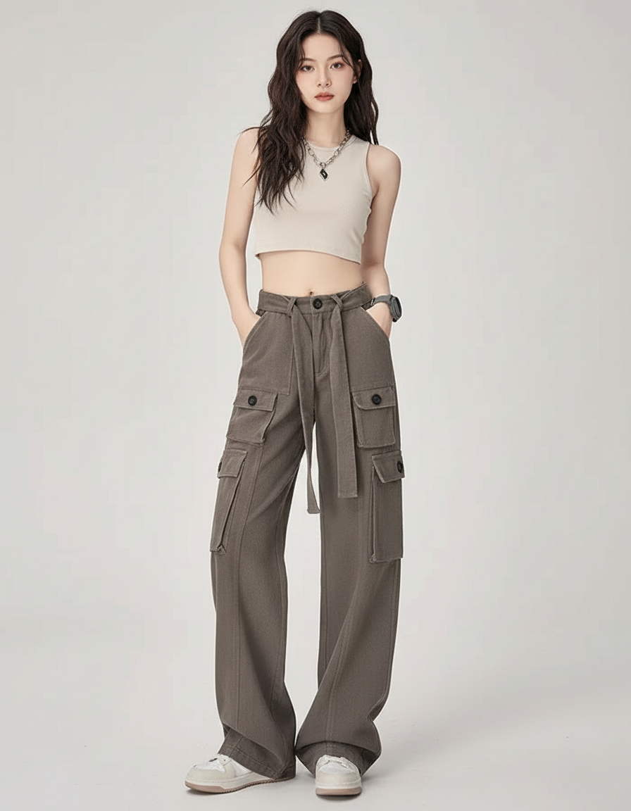 Pantalon Parachute Cargo Ample Streetwear Femme - Kaki Toile