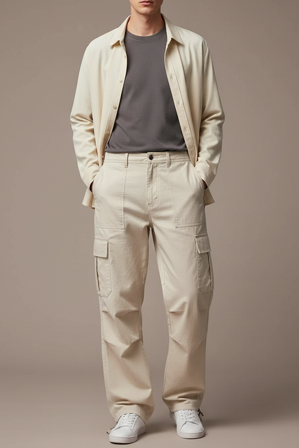 Pantalon Parachute Beige Cargo Ample Décontracté Coton
