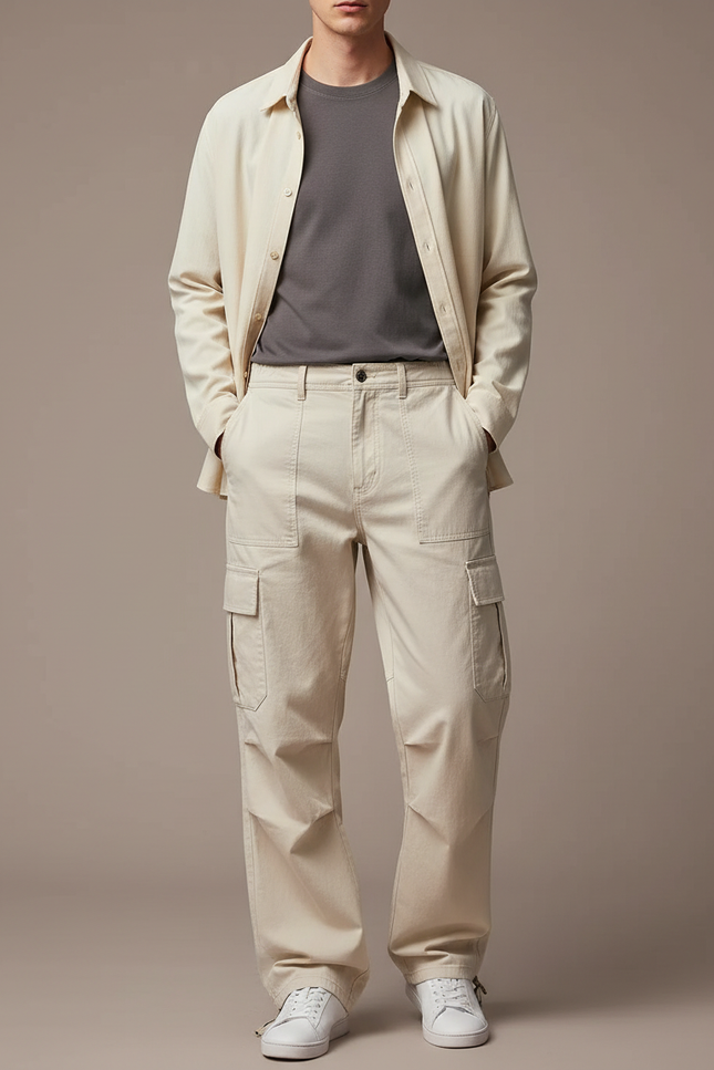 Pantalon Parachute Beige Cargo Ample Décontracté Coton