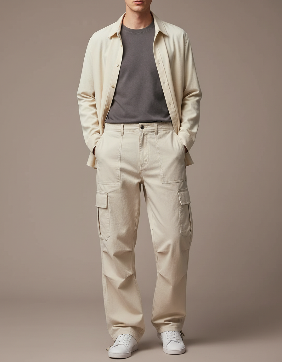 Pantalon Parachute Beige Cargo Ample Décontracté Coton