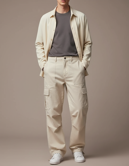 Pantalon Parachute Beige Cargo Ample Décontracté Coton