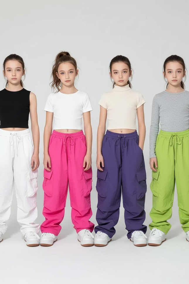 Pantalon Parachute Ample Cargo Streetwear Enfant Fille - Rose Polyester