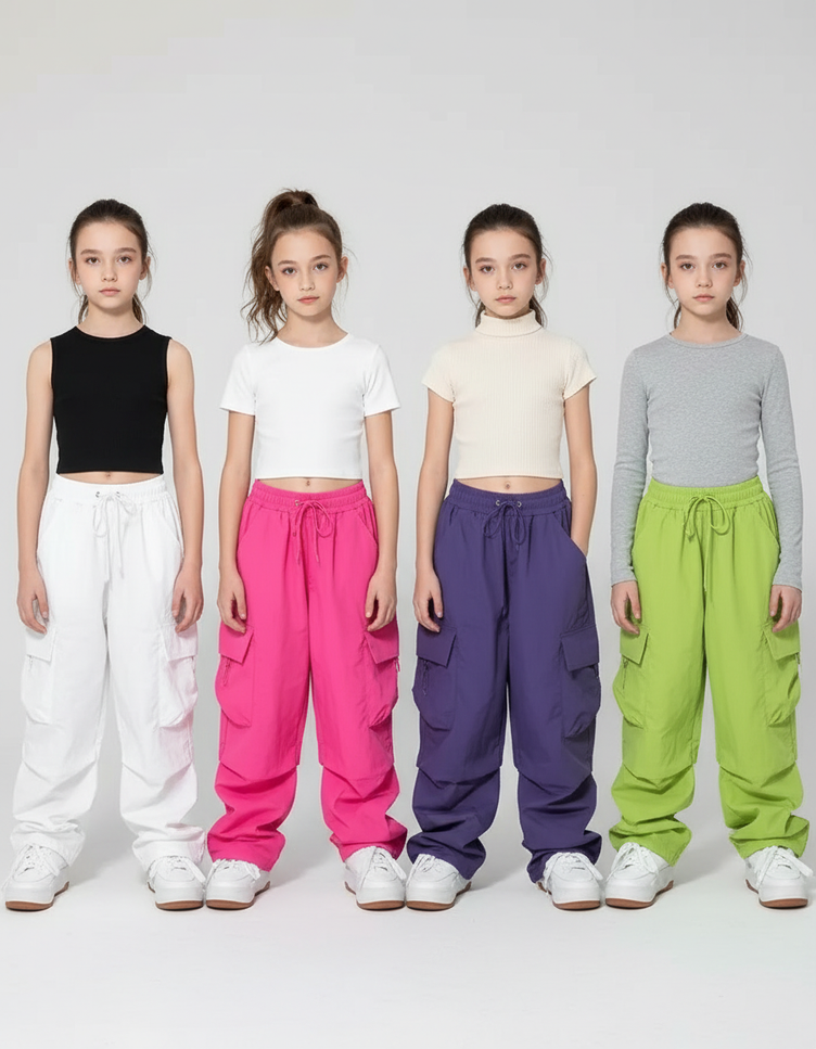 Pantalon Parachute Ample Cargo Streetwear Enfant Fille - Rose Polyester