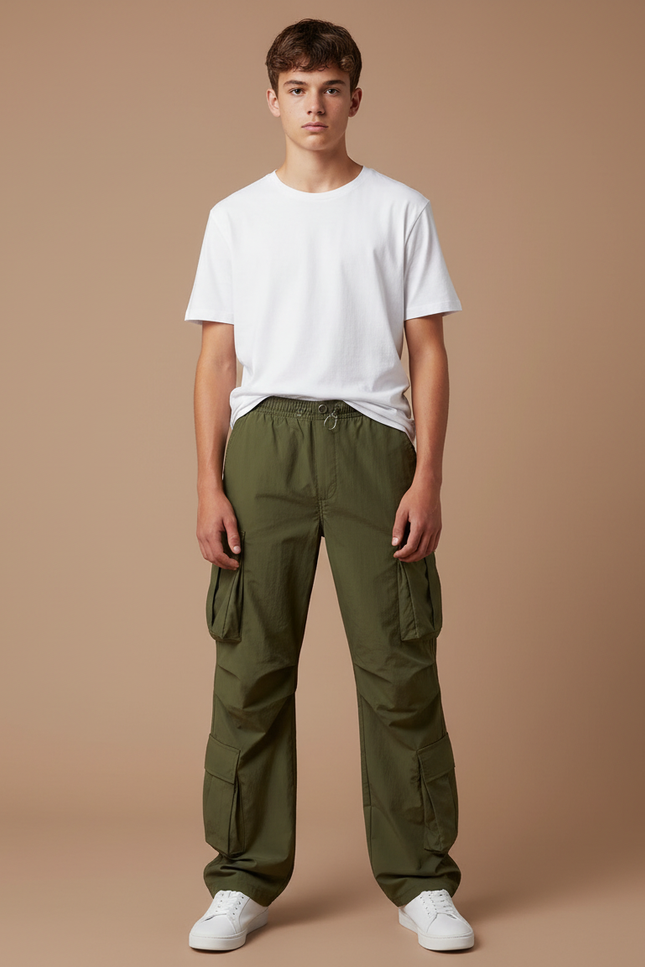 Pantalon Parachute Vert Cargo Ample Poches Multiples Homme - Polyester