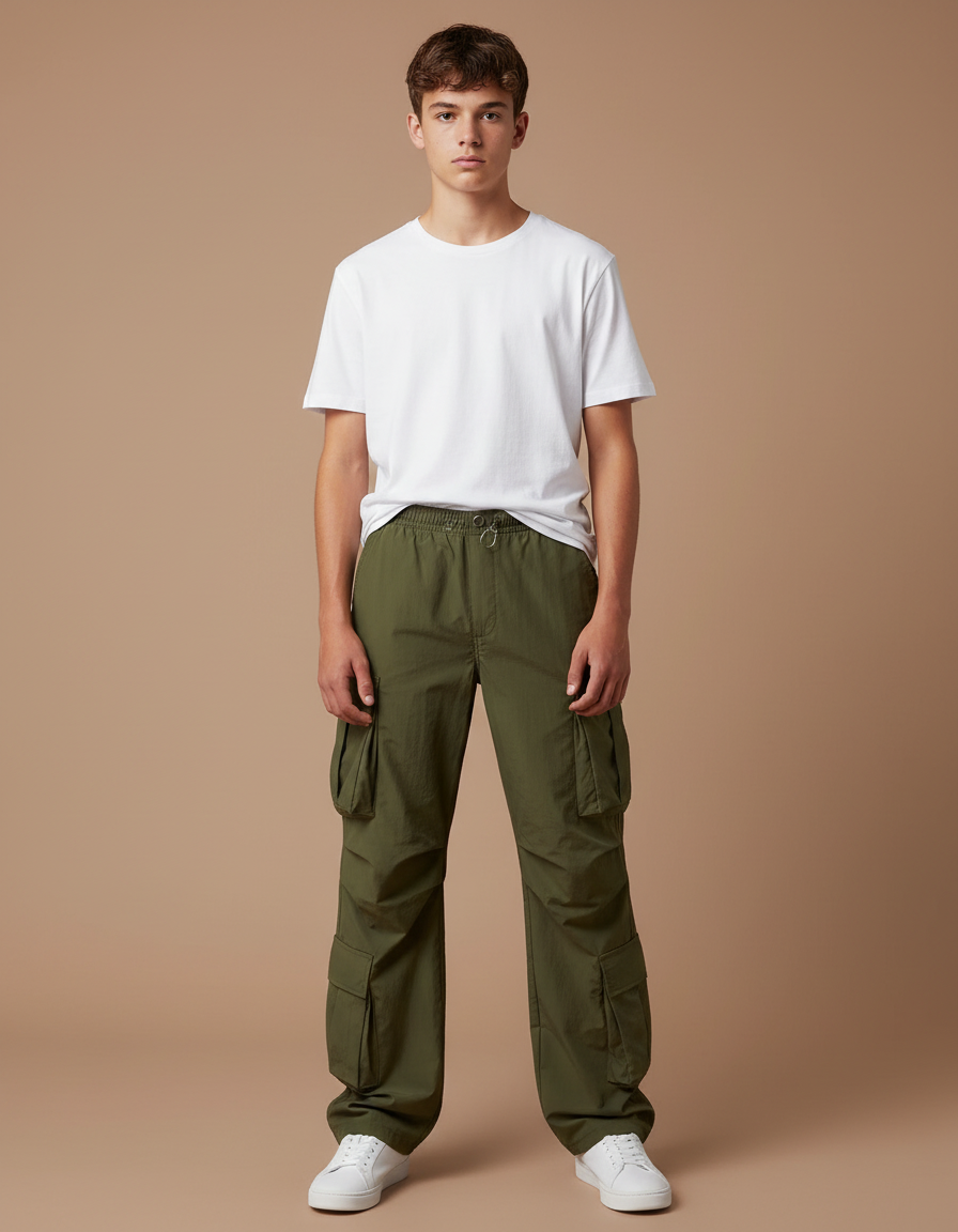 Pantalon Parachute Vert Cargo Ample Poches Multiples Homme - Polyester
