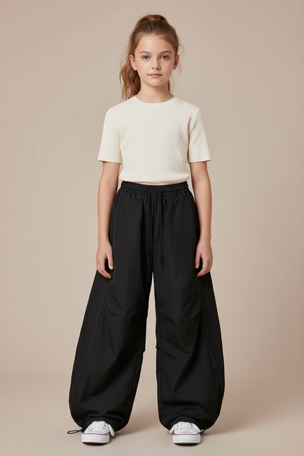 Pantalon Parachute Noir Ample Cordon Enfant - Polyester