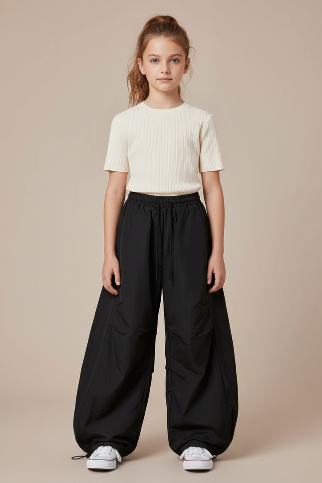 Pantalon Parachute Noir Ample Cordon Enfant - Polyester