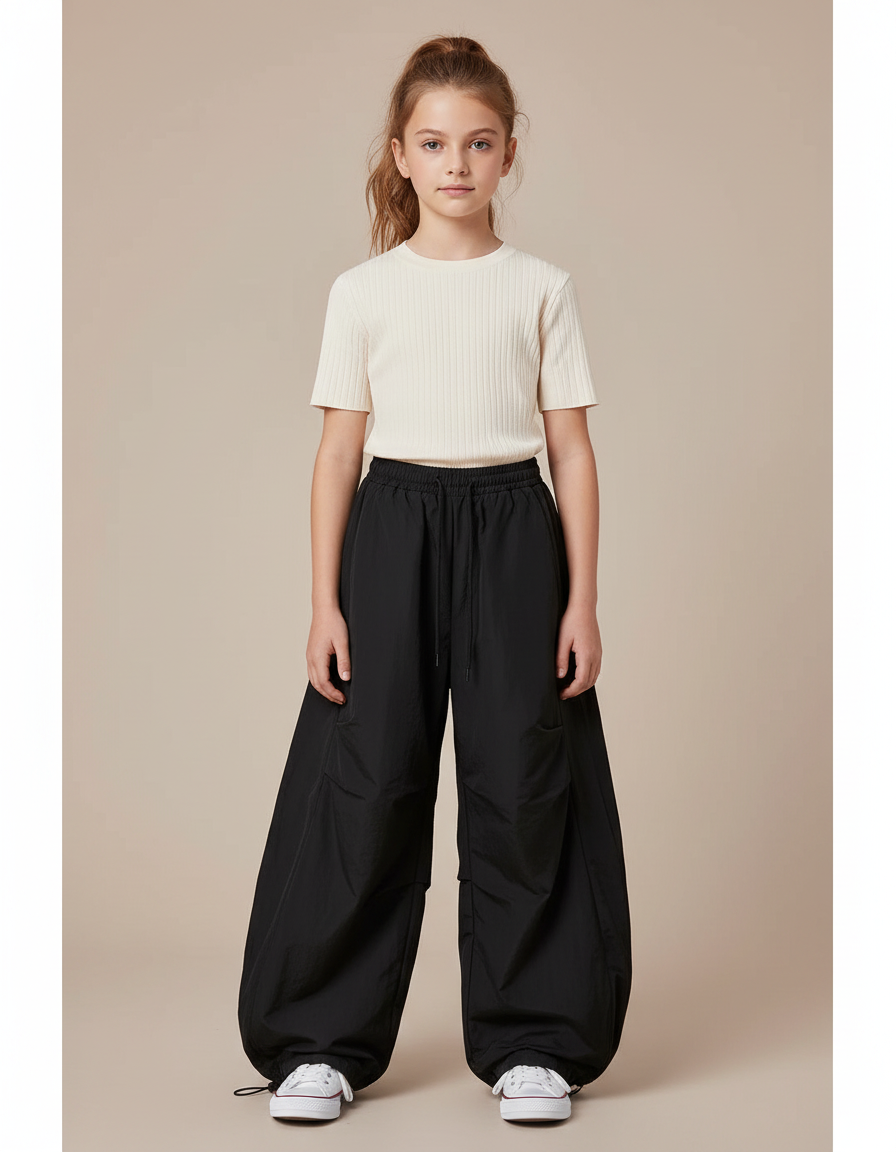 Pantalon Parachute Noir Ample Cordon Enfant - Polyester