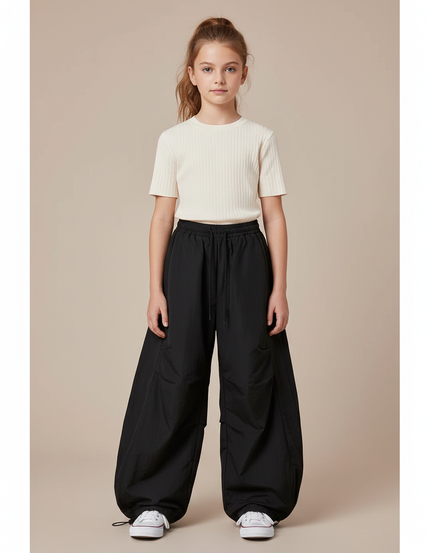 Pantalon Parachute Noir Ample Cordon Enfant - Polyester