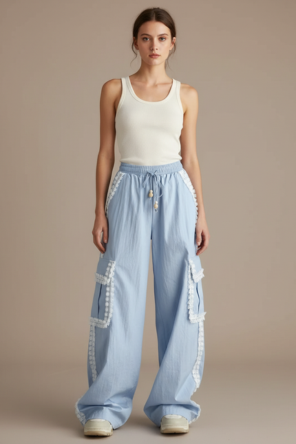 Pantalon Parachute Bleu Ciel Ample Dentelle Cargo Femme - Toile