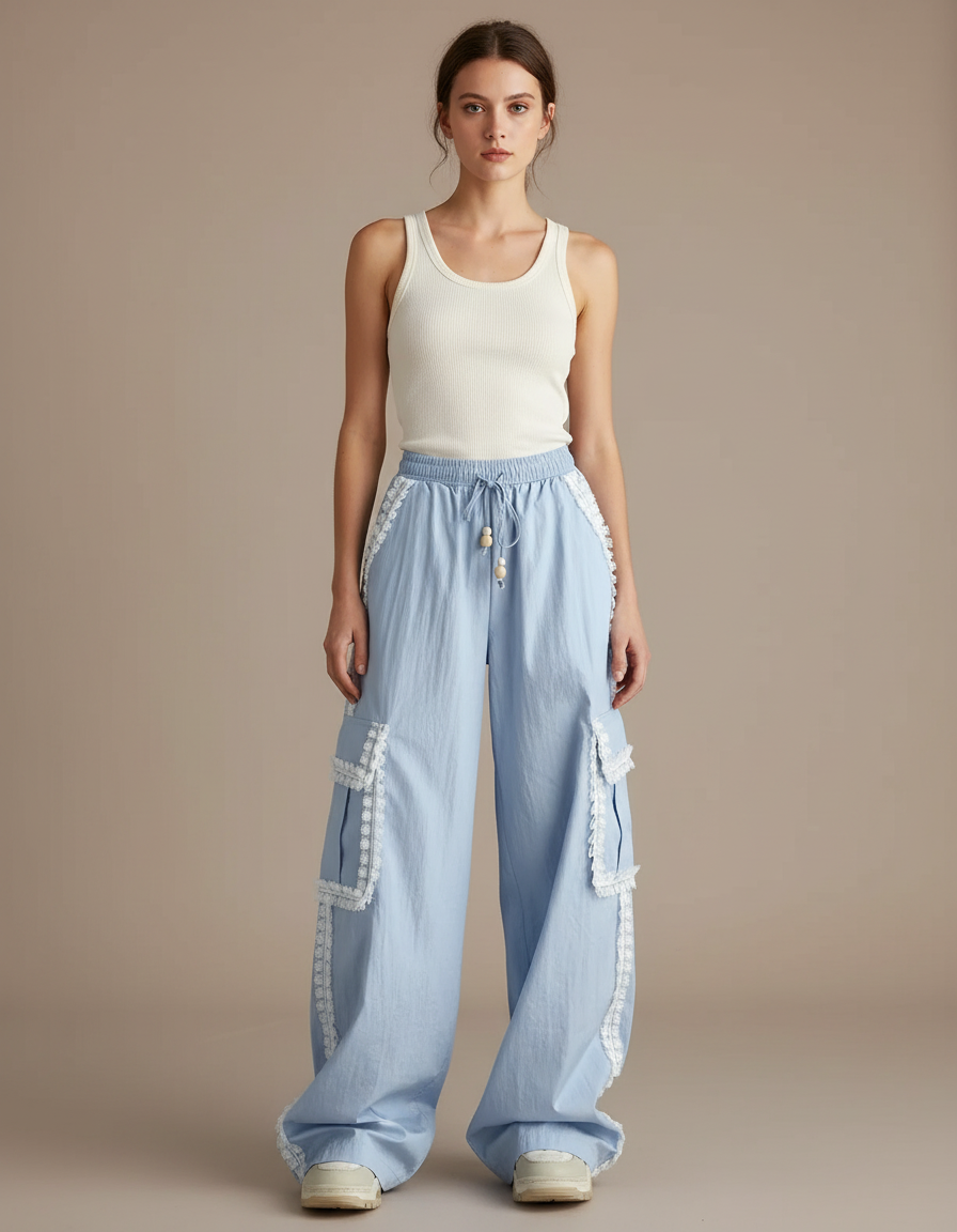 Pantalon Parachute Bleu Ciel Ample Dentelle Cargo Femme - Toile