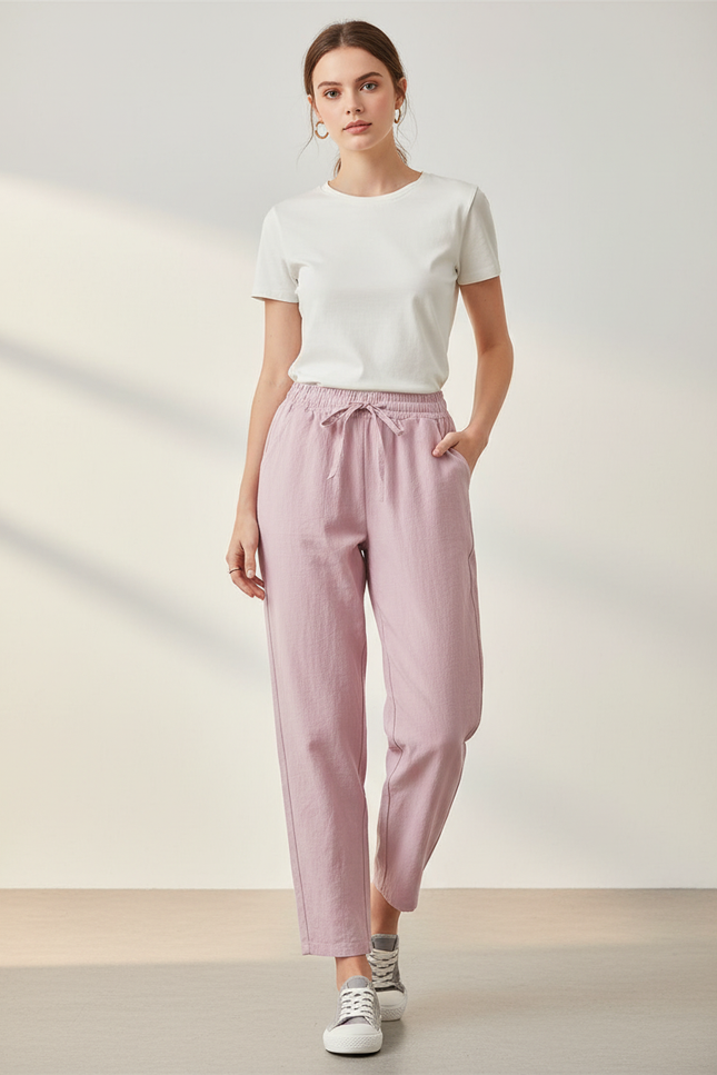 Pantalon Parachute Rose Lin Fluide Décontracté Femme