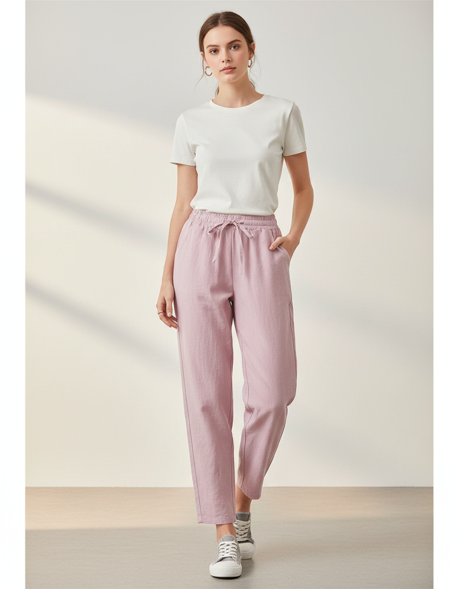 Pantalon Parachute Rose Lin Fluide Décontracté Femme