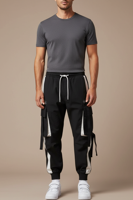 Pantalon Parachute Noir Blanc Cargo Streetwear Homme - Polyester