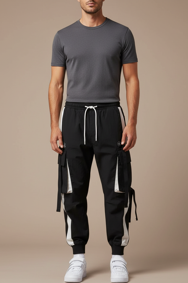 Pantalon Parachute Noir Blanc Cargo Streetwear Homme - Polyester