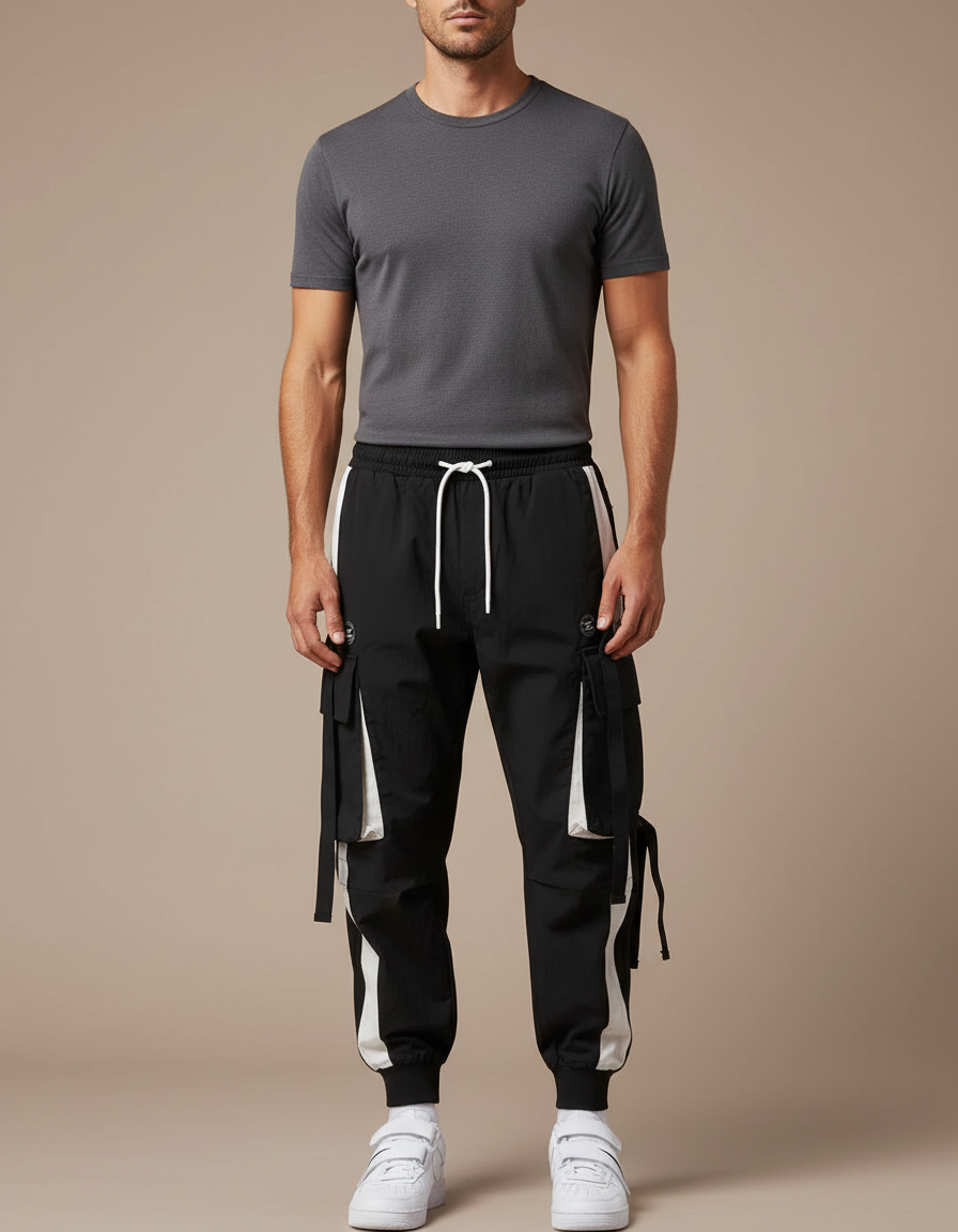Pantalon Parachute Noir Blanc Cargo Streetwear Homme - Polyester
