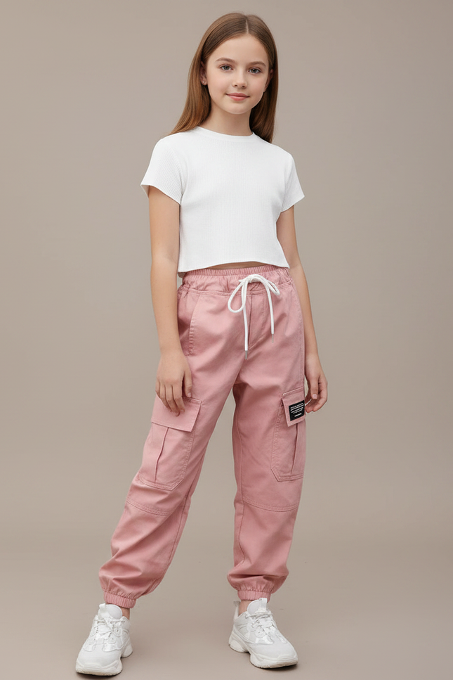 Pantalon Parachute Rose Cargo Ample Coton Enfant Décontracté