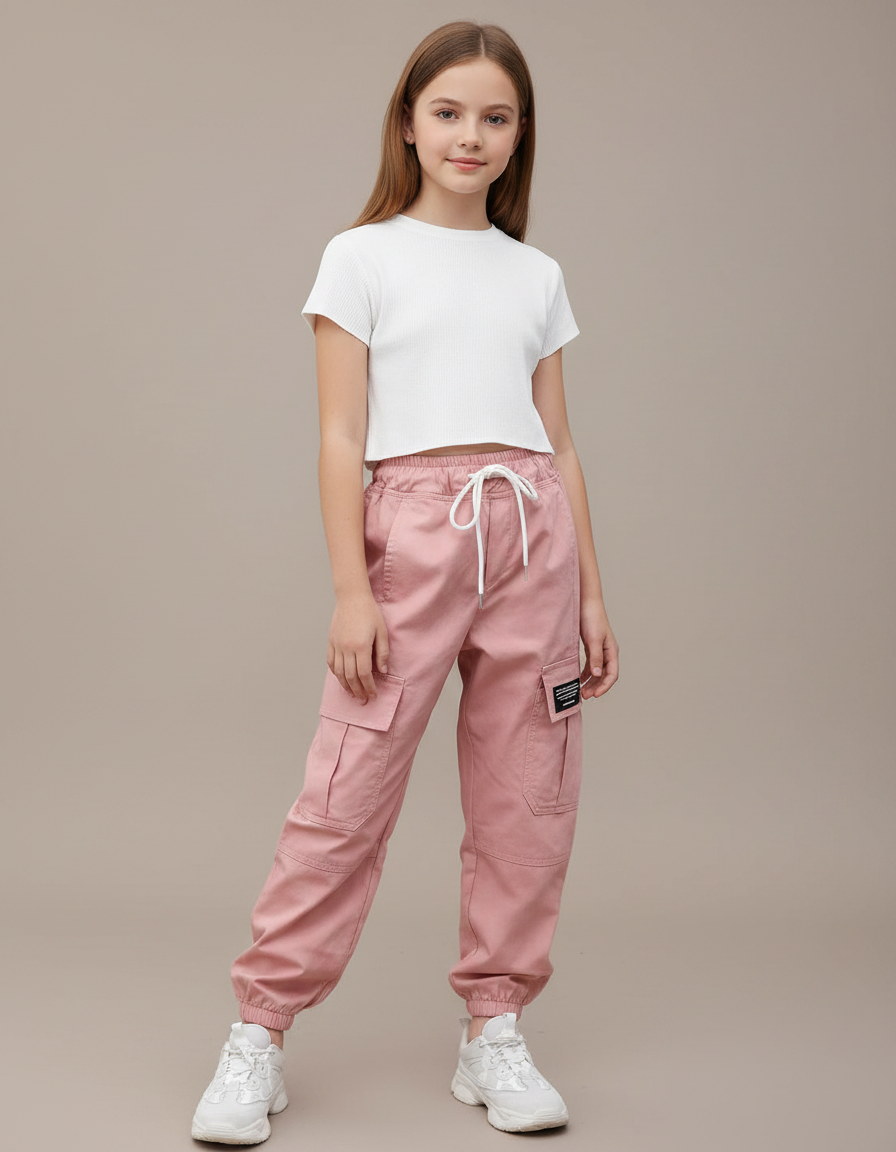 Pantalon Parachute Rose Cargo Ample Coton Enfant Décontracté