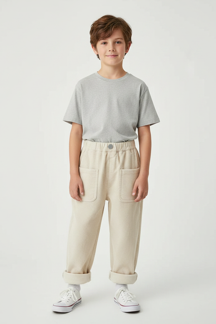 Pantalon Parachute Beige Côtelé Ample Élastiqué Décontracté Enfant - Cordé