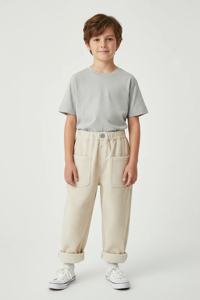 Pantalon Parachute Beige Côtelé Ample Élastiqué Décontracté Enfant - Cordé