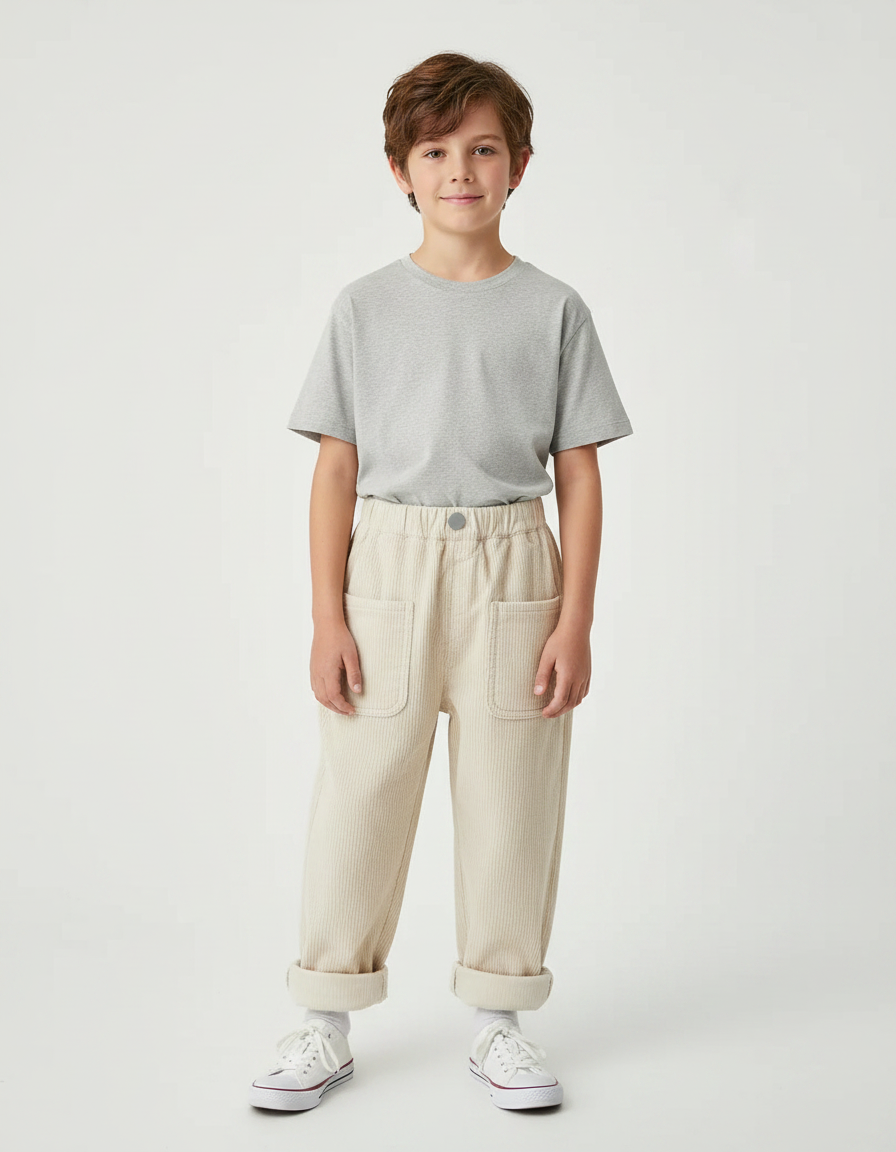 Pantalon Parachute Beige Côtelé Ample Élastiqué Décontracté Enfant - Cordé