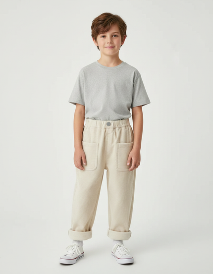 Pantalon Parachute Beige Côtelé Ample Élastiqué Décontracté Enfant - Cordé