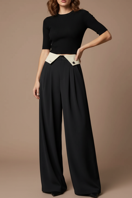 Pantalon Parachute Noir Fluide Taille Haute Élégant - Polyester