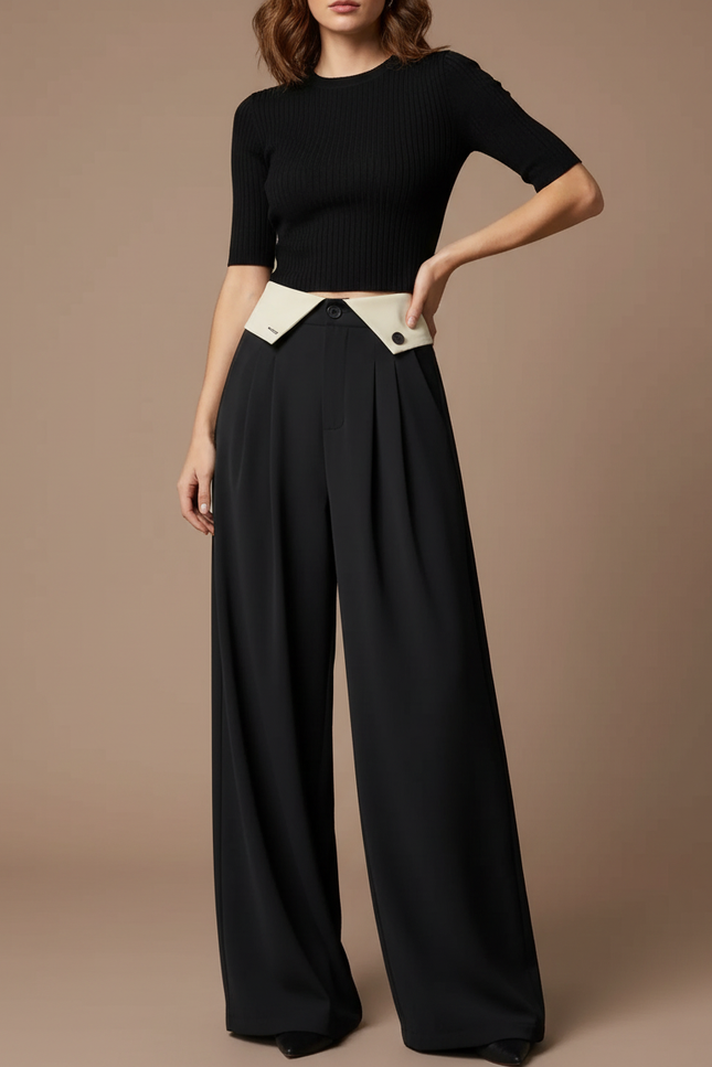 Pantalon Parachute Noir Fluide Taille Haute Élégant - Polyester