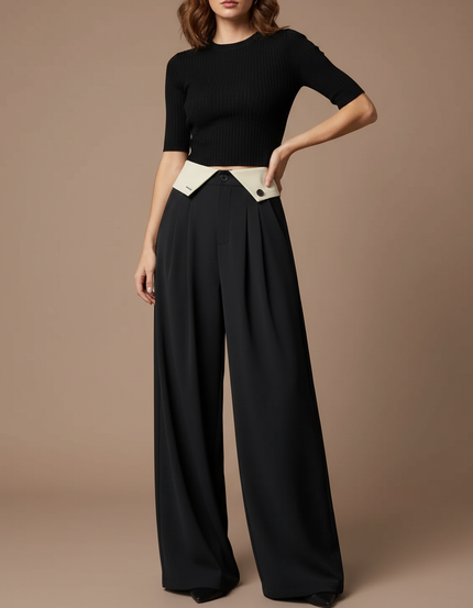 Pantalon Parachute Noir Fluide Taille Haute Élégant - Polyester
