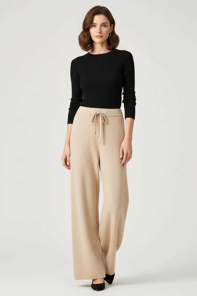 Pantalon Parachute Beige Laine Maille Ample Décontracté Femme