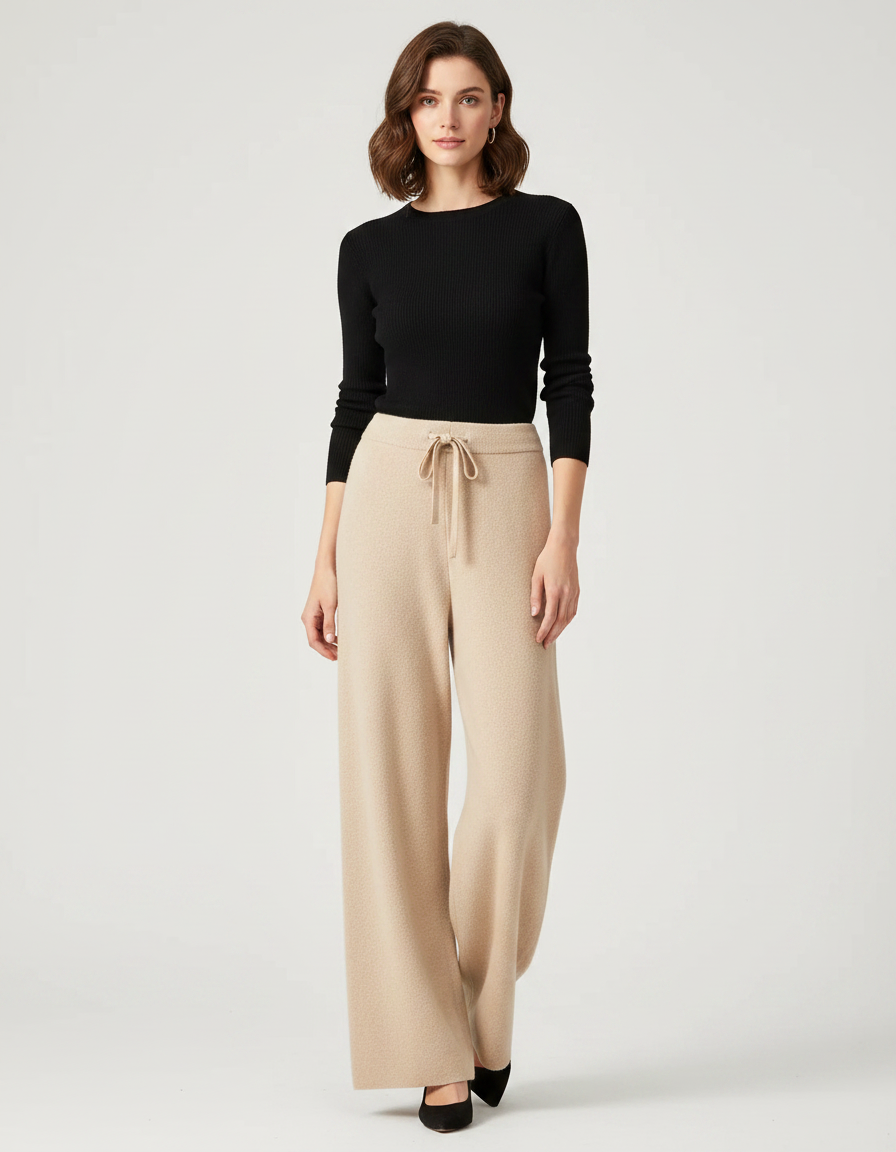 Pantalon Parachute Beige Laine Maille Ample Décontracté Femme