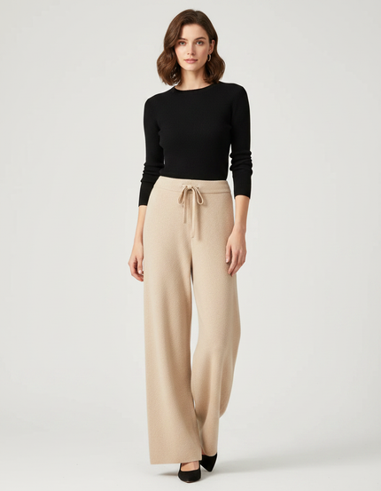 Pantalon Parachute Beige Laine Maille Ample Décontracté Femme