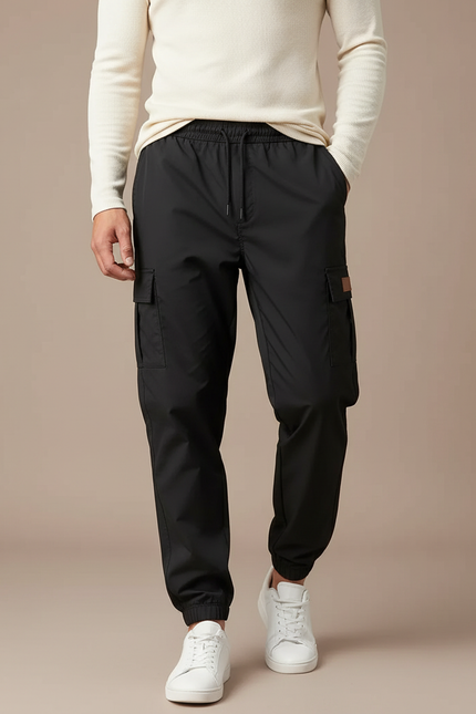 Pantalon Parachute Noir Cargo Cordon Homme - Polyester