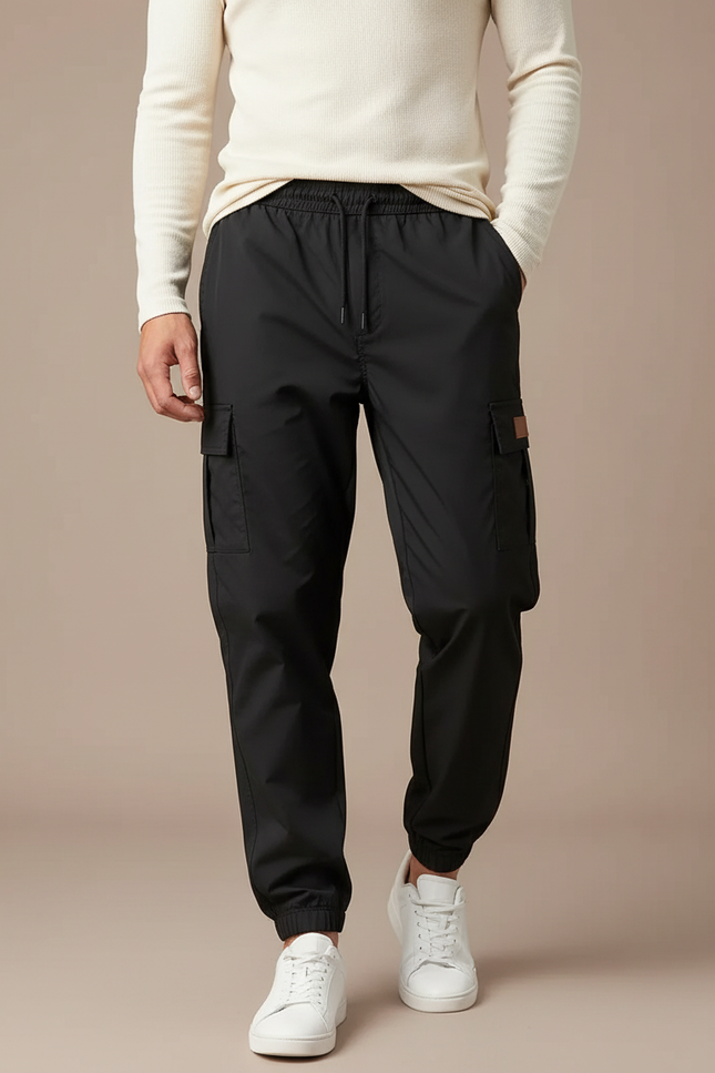 Pantalon Parachute Noir Cargo Cordon Homme - Polyester