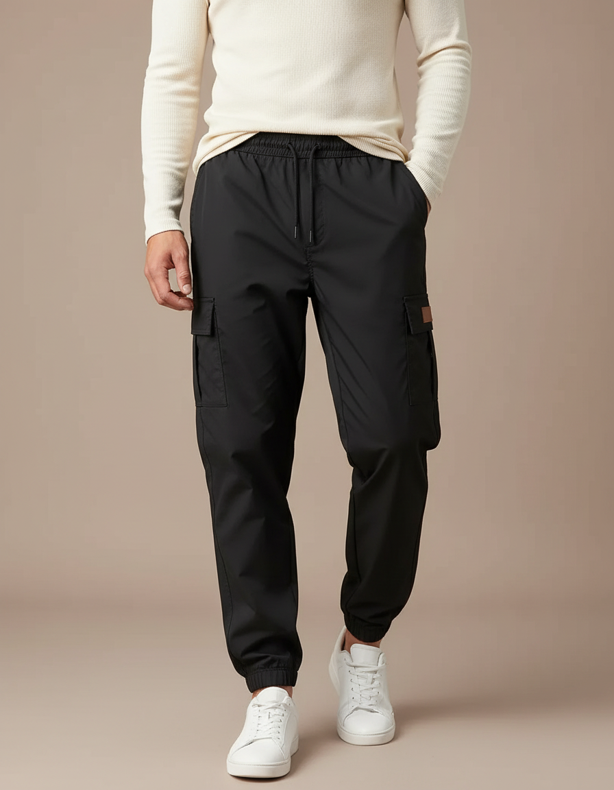 Pantalon Parachute Noir Cargo Cordon Homme - Polyester