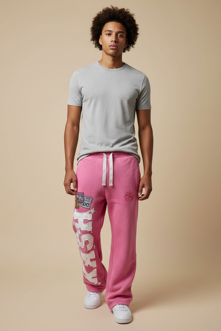 Pantalon Parachute Rose Ample Molleton Imprimé Décontracté