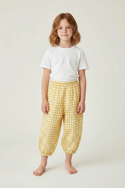 Pantalon Parachute Vichy Jaune Ample Coton Enfant