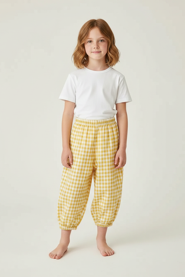 Pantalon Parachute Vichy Jaune Ample Coton Enfant