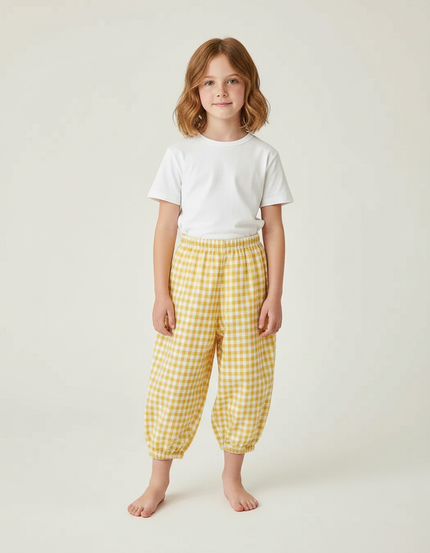 Pantalon Parachute Vichy Jaune Ample Coton Enfant