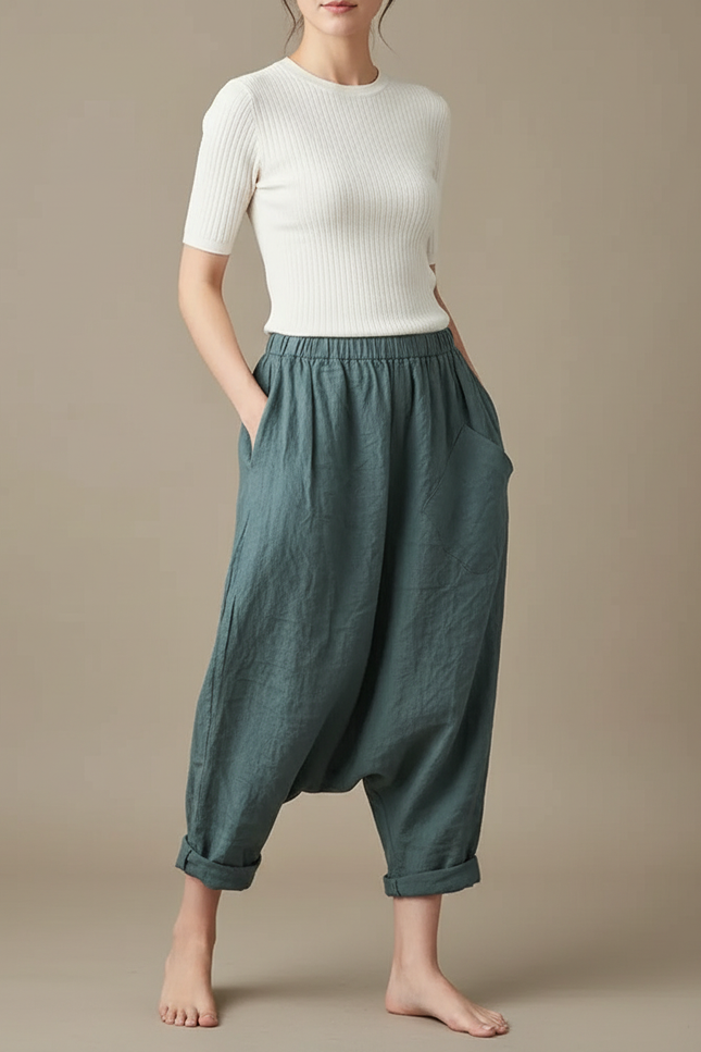 Pantalon Parachute Lin Vert Ample Sarouel Vintage