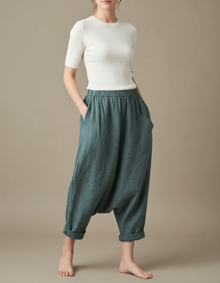 Pantalon Parachute Lin Vert Ample Sarouel Vintage